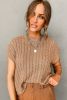 Light French Beige Solid Color Cable Knit Short Sleeve Sweater