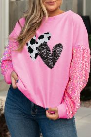 Pink Double Heart Patch Sequined Sleeves Plus Size Sweatshirt