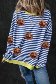 Blue Stripe Funny Halloween Pumpkin Face Oversize Graphic Sweatshirt (size: (US 12-14)L)