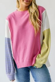 Sachet Pink Waffle Patchwork Striped Sleeve Top (size: (US 12-14)L)