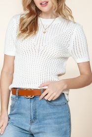 White Hollow Out Crewneck Short Sleeve Knitted Top (size: (US 8-10)M)