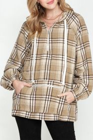 Khaki Plaid Kangaroo Pocket Zipped Hoodie (size: (US 4-6)S)