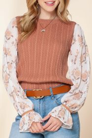 Floral Patchwork Ruffled Cuff Sleeve Cable Knit Sweater (size: (US 4-6)S)