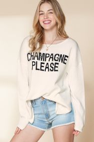 White Champagne Please Letter Pattern Knitted Sweater (size: (US 12-14)L)