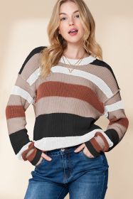 Taupe Striped Color Block Crewneck Knitted Sweater (size: (US 4-6)S)