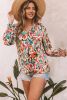 Multicolor Abstract Print Boho V Neck Shirred Cuffs Blouse
