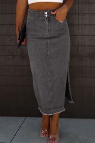 Black Raw Edge Side Slits Buttoned Midi Denim Skirt (size: (US 4-6)S)