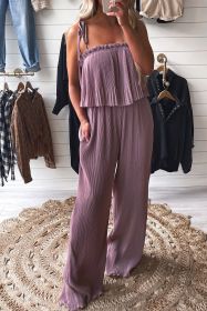 Rose Tan Solid Self Tied Straps Pleated Wide Leg Jumpsuit (size: (US 4-6)S)