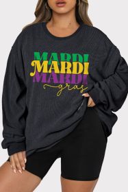 Black Mardi Gras Letter Graphic Plus Size Corded Sweatsihirt (size: (US 22-24)3X)
