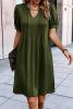 Fern Green Notched Neck Puff Sleeve Pleated T Shirt Dress