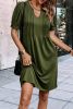 Fern Green Notched Neck Puff Sleeve Pleated T Shirt Dress