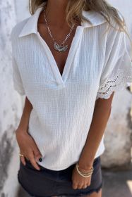 White Crinkled Lace Splicing Sleeve Collared V Neck Blouse (size: (US 8-10)M)