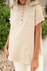 Parchment Textured Frayed Trim Henley T Shirt (size: (US 4-6)S)