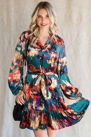 Abstract Print Waist Belted Flounce Hem Split V Neck Long Sleeve Dress (size: (US 4-6)S)