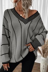 Gray Contrast V Neck Loose Tunic Sweater (size: (US 12-14)L)