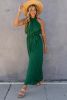 Green Elegant Halter Neck Belted Pleated Wide Leg Jumpsuit