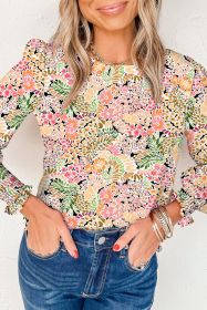 Yellow Floral Print Smocked Cuffs Long Sleeve Blouse (size: (US 12-14)L)