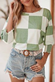 Grass Green Checkered Ruffle Smocked Cuffs Tee (size: (US 4-6)S)