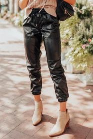Black Faux Leather Smocked Waist Drawstring Cropped Pants (size: (US 8-10)M)