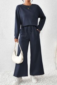 Navy Blue Textured Loose Slouchy Long Sleeve Top and Pants Set (size: (US 12-14)L)