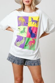 White Rhinestone Color Block Cheetah Print Round Neck T Shirt (size: (US 12-14)L)