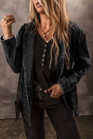 Black Lapel Collar Side Pockets Denim Jacket (size: (US 12-14)L)