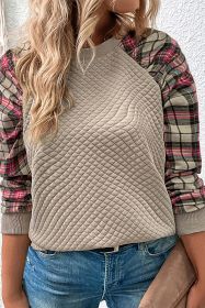 Apricot Plus Size Plaid Raglan Sleeve Crew Neck Sweatshirt (size: (US 18W-20W)2X)