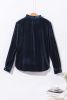 Navy Blue Frilled Buttoned V Neck Velvet Blouse