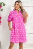 Bright Pink Spotted Print Puff Sleeve Smocked Mini Dress