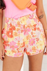 Orange Retro Floral Shirred High Waist Athletic Shorts (size: (US 4-6)S)