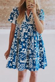Blue Split V Neck Ricrac Babydoll Flared Mini Dress (size: (US 4-6)S)