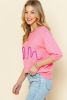 Pink Mom Letter Pattern Short Puff Sleeve Sweater