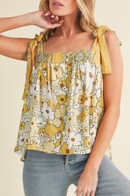 Yellow Floral Patchwork Boho Knot Straps Top (size: (US 8-10)M)