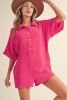 Bright Pink Plain Half Button Collared Pocket Loose Romper