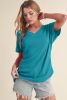 Blue Plain Crinkled V Neck Flounce Sleeve T Shirt