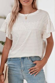 Apricot Striped Lace Splicing Ruffle Sleeve T-shirt (size: (US 8-10)M)