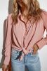 Pink Solid Button Up Pleated Loose Puff Sleeve Shirt