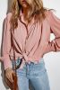 Pink Solid Button Up Pleated Loose Puff Sleeve Shirt