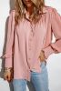 Pink Solid Button Up Pleated Loose Puff Sleeve Shirt