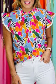 Multicolor Abstract Print High Neck Flutter Sleeves Top (size: (US 8-10)M)