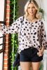 Pink Dot Print Button Frill Cuffs Casual Puff Sleeve Blouse
