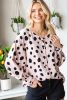 Pink Dot Print Button Frill Cuffs Casual Puff Sleeve Blouse