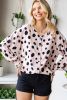 Pink Dot Print Button Frill Cuffs Casual Puff Sleeve Blouse