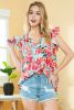 Rose Red Boho Floral Print Ruffle Tie V Neck Sleeveless Shirt