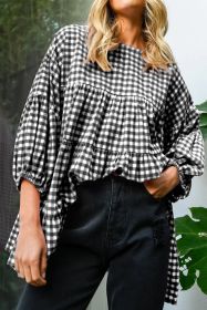 Black Plaid Drop Sleeve Tiered Oversized Blouse (size: (US 12-14)L)