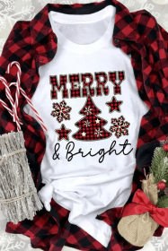 White MERRY and Bright Plaid Print Christmas Crewneck Graphic T Shirt (size: (US 12-14)L)