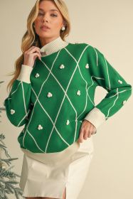 Dark Green Diamond Pom Pattern Contrast Trim High Neck Sweater (size: (US 8-10)M)