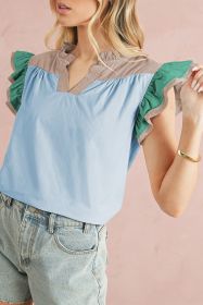 Mist Blue Colorblock Ruffled Sleeve Frill V Neck Blouse (size: (US 12-14)L)