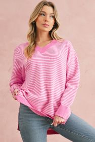 Pink Striped Scallop V Neck Split Knitted Sweater (size: (US 8-10)M)