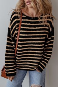 Black Stripe Drop Shoulder Round Neck Loose Sweater (size: (US 8-10)M)